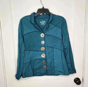 NEON BUDDHA Teal Blue Boho Knit Jacket Large Metal Wood Buttons Size Small